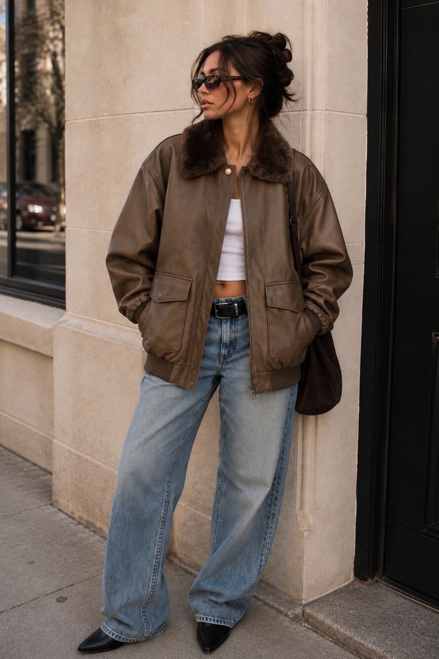 Vintage Oversized Leather Fur Lined Bomber Jacket Aviator Flight Brown XL